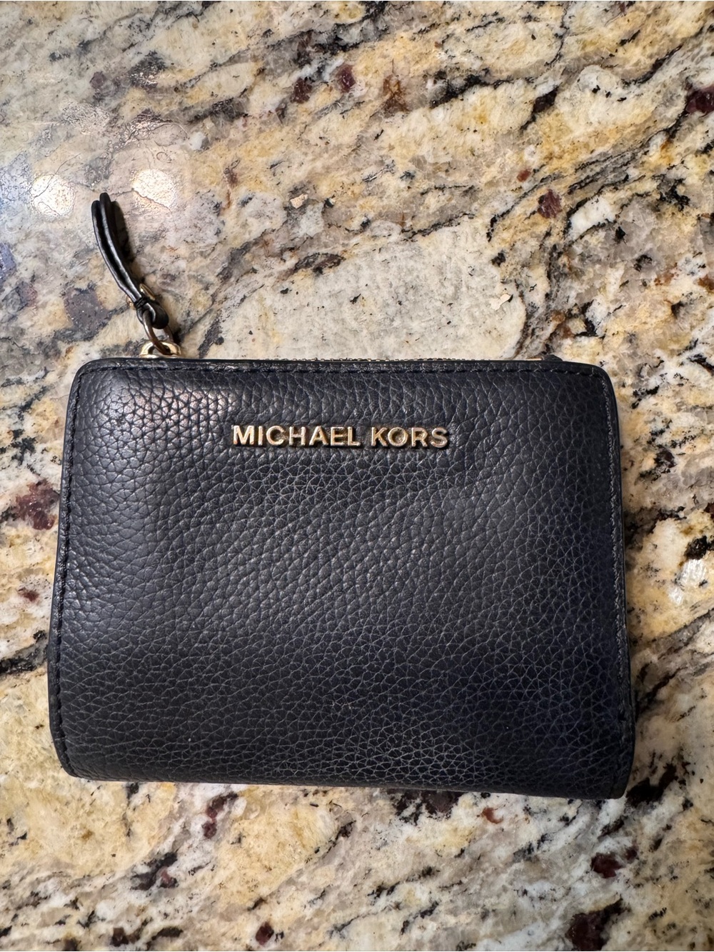 Michael Kors Black Pebbled Leather Zip-Around Wallet with Gold Logo